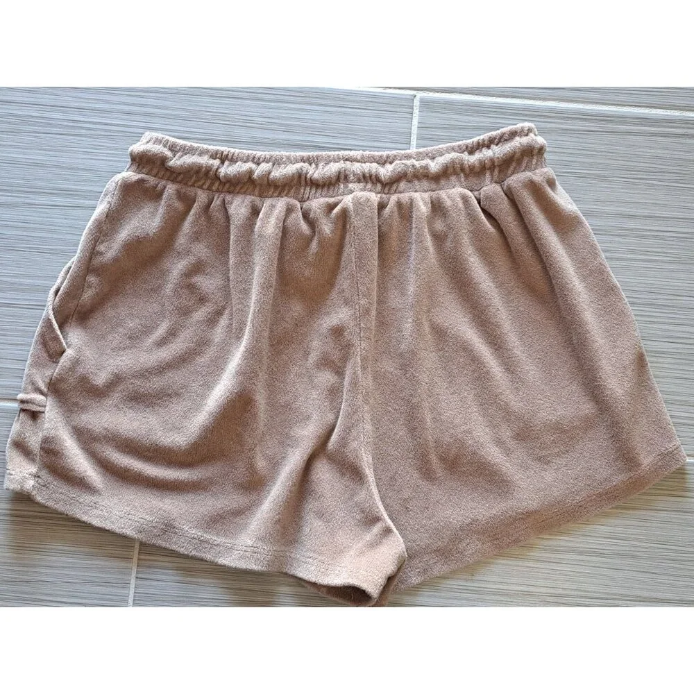 Zara Womens Brown Terry Cloth Shorts Elastic Waist & Drawstring Large Comfy - Picture 5 of 8